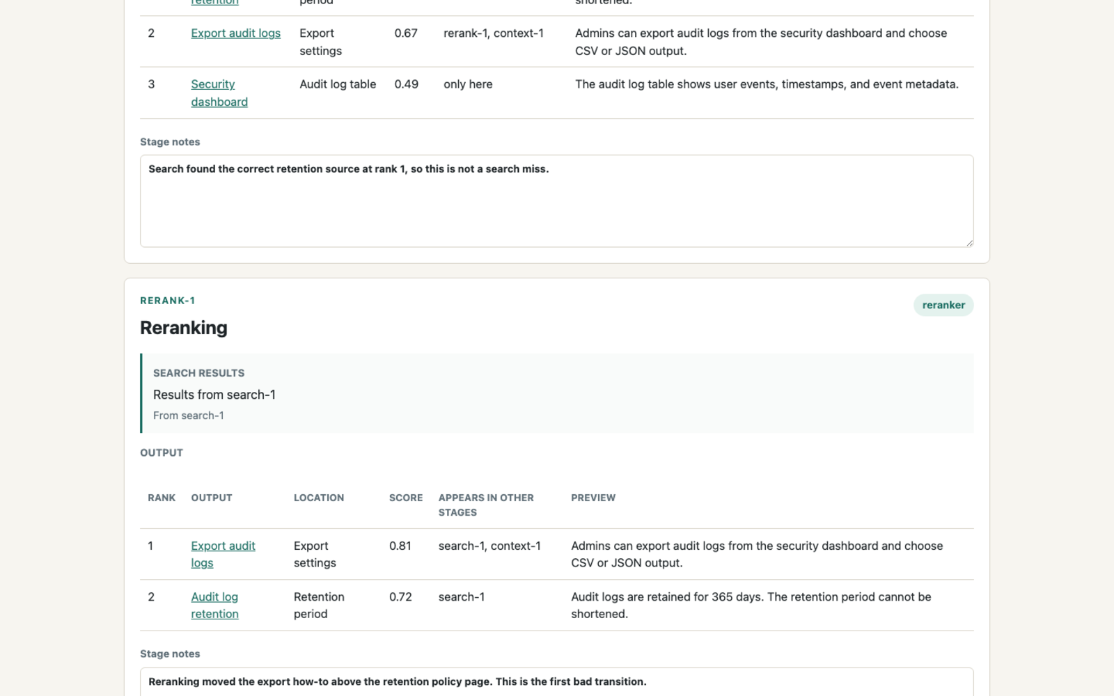 Retrieval trace viewer showing a docs-reading reranking failure